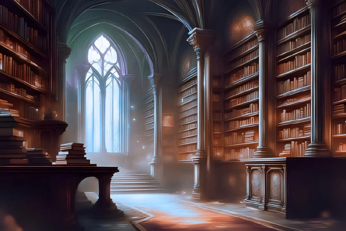 A grand, old library with tall wooden bookshelves filling the walls, an arched stained glass window illuminating the space, and a staircase leading up to more books.