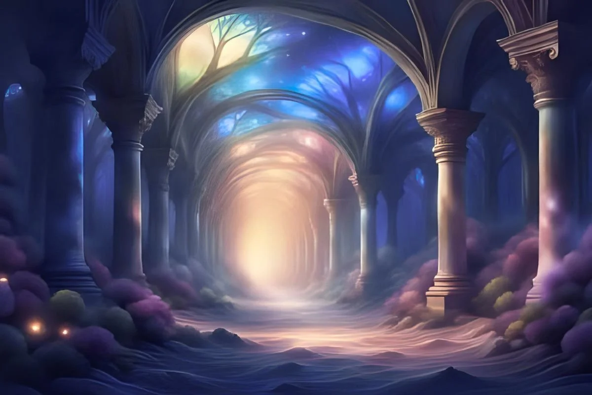 A fantasy scene of a glowing, ethereal hallway with tall classical columns, swirling clouds, and a radiant light at the end, creating a mystical atmosphere.