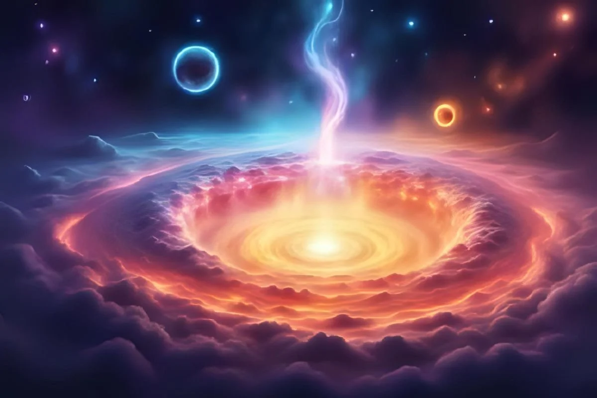 A surreal, cosmic scene depicting a luminous energy source at the center surrounded by vibrant clouds, with colorful rings and bright stars in the background.