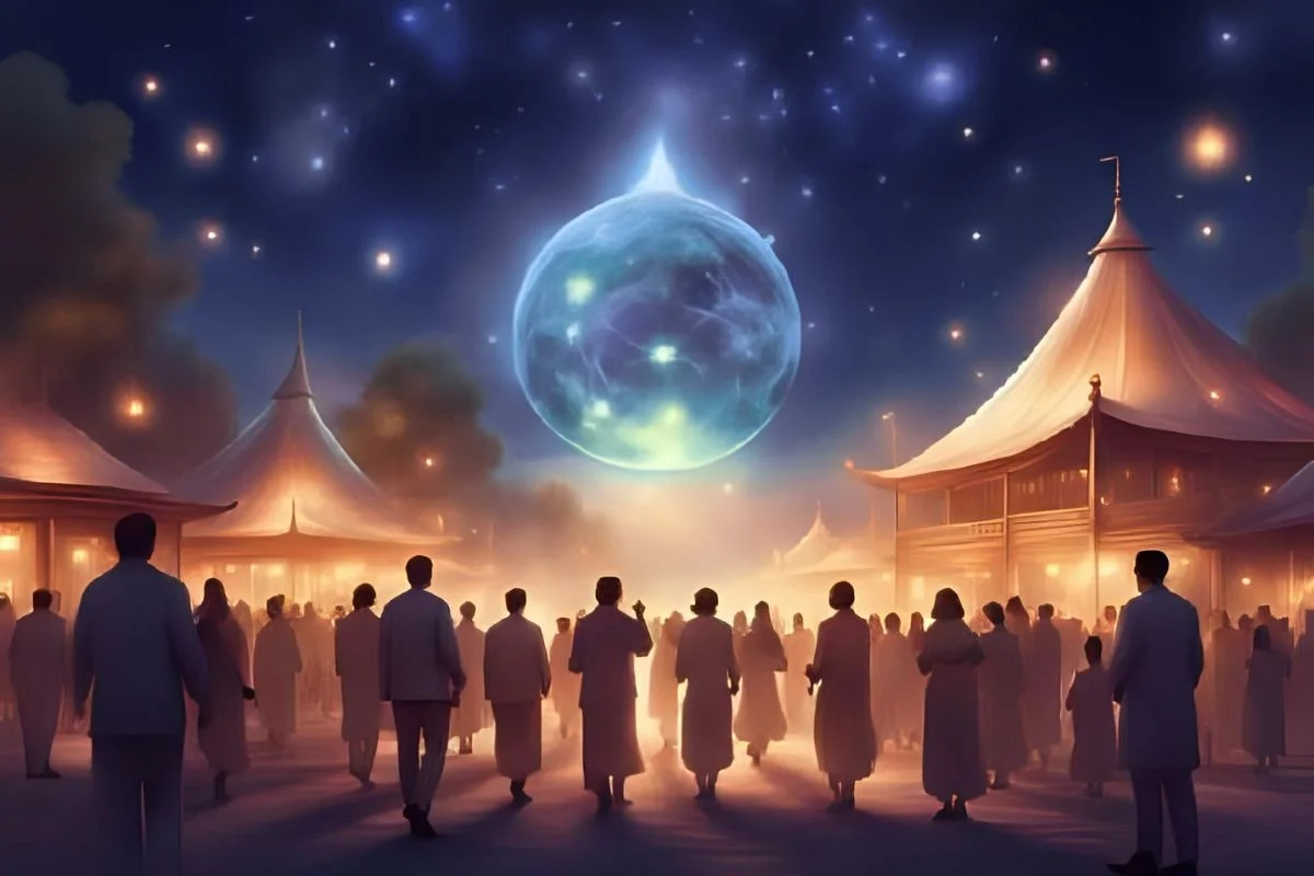 An illustration of a large glowing celestial body in the sky above a crowd of people standing in front of traditional tent-like structures at night.