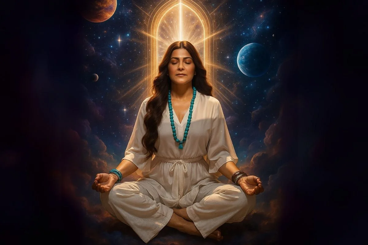 A woman meditating in a cross-legged position with closed eyes, wearing a white outfit and turquoise jewelry, seated against a cosmic backdrop featuring planets and stars, with a glowing golden arch behind her.