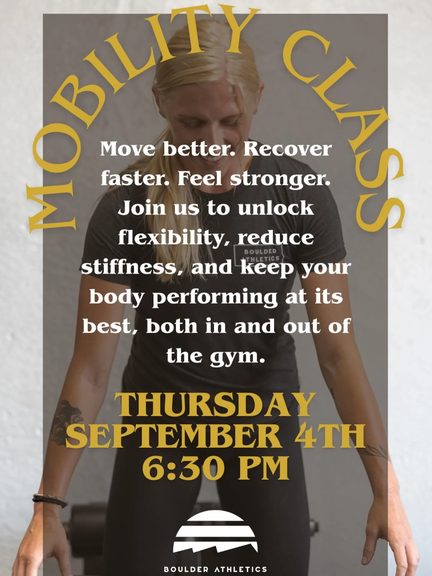 Keep your body moving and feeling great! 🌟 Join Mobility Class with Coach Payton twice a month starting 9/4. You&rsquo;ll learn tools and techniques you can use on your own to stay loose, recover faster, and move better both in and out of the gym.

