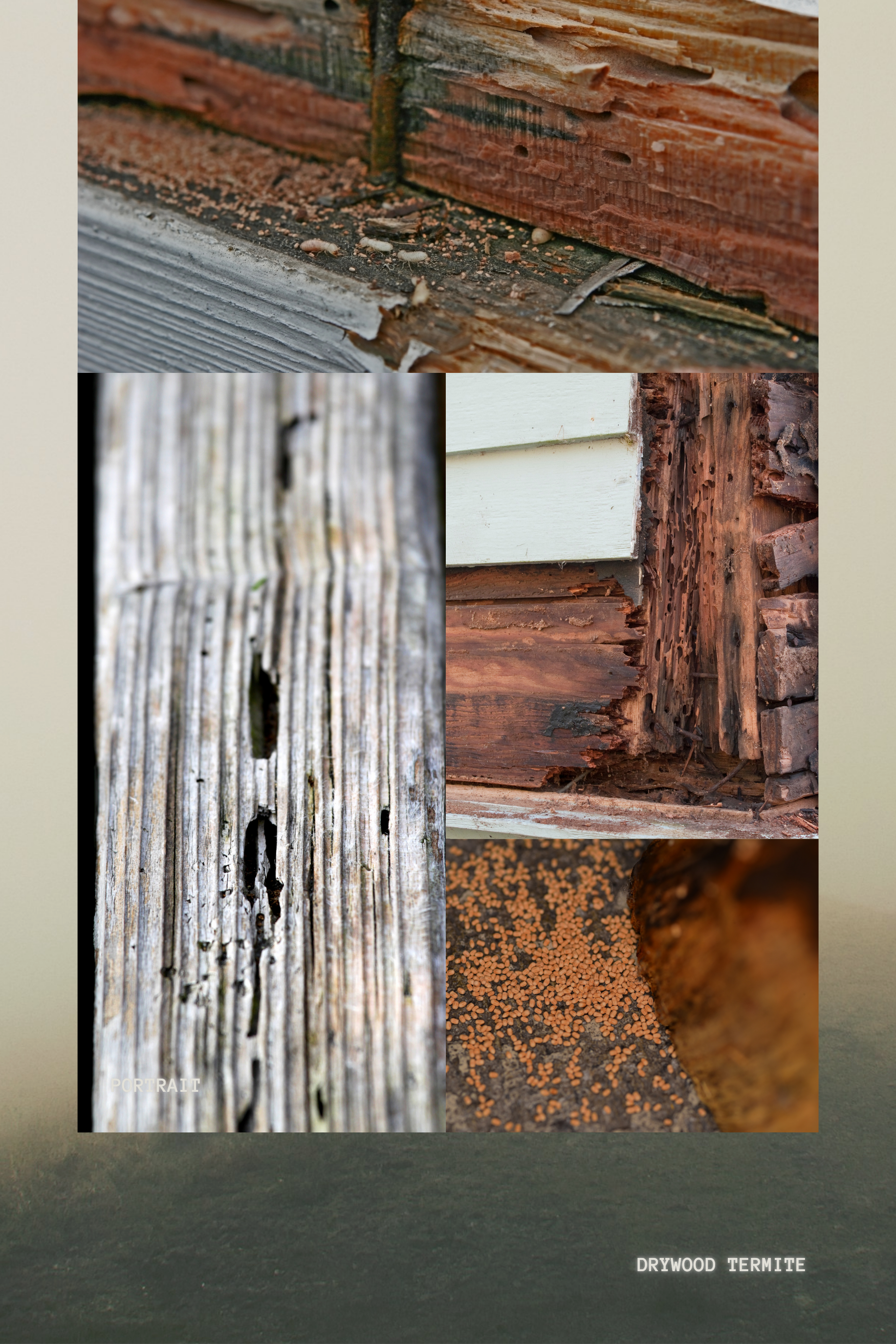 Drywood termite damage and droppings or frass