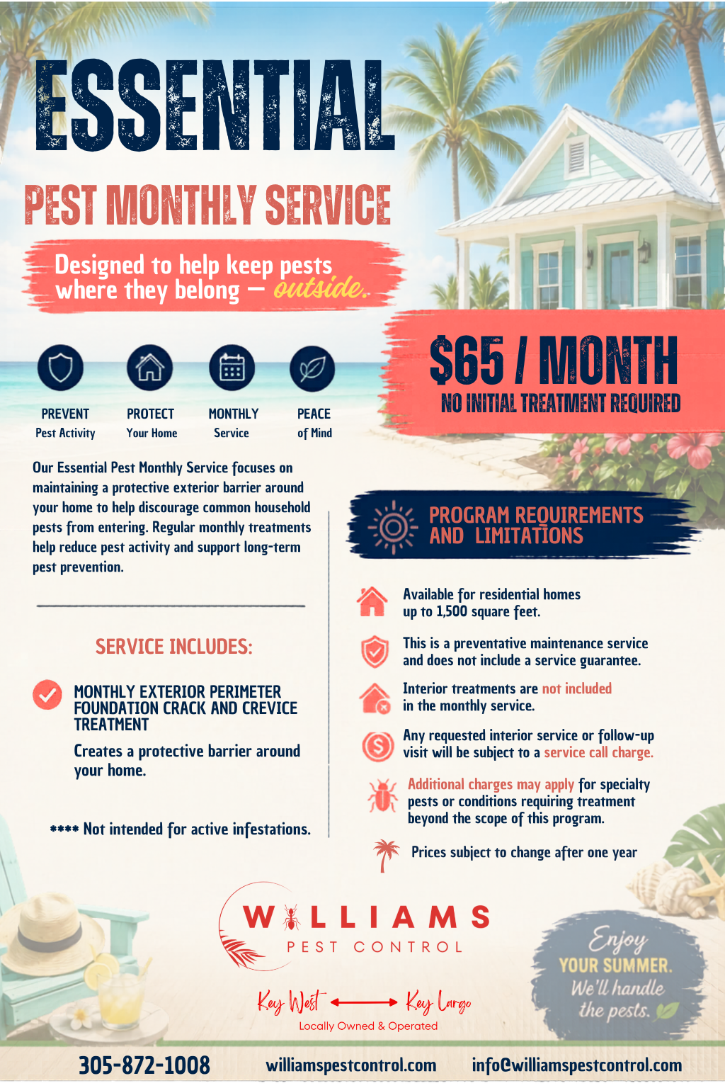 Pest control without a long-term contract, no initial startup fee. Great for homes without current infestations.