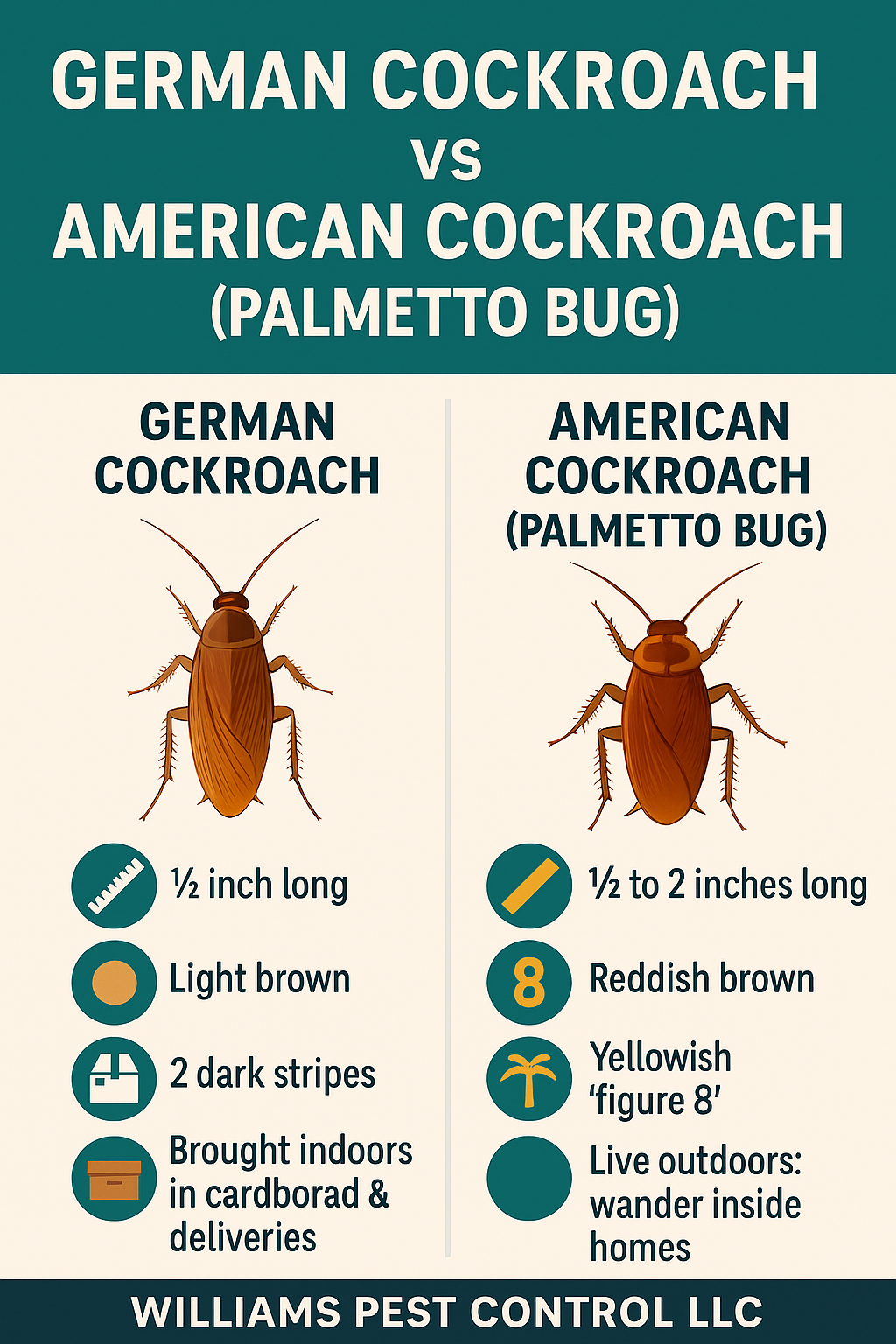 Comparison infographic of German cockroach and American cockroach (Palmetto bug), showing size, color, stripe pattern, and outdoor habits.