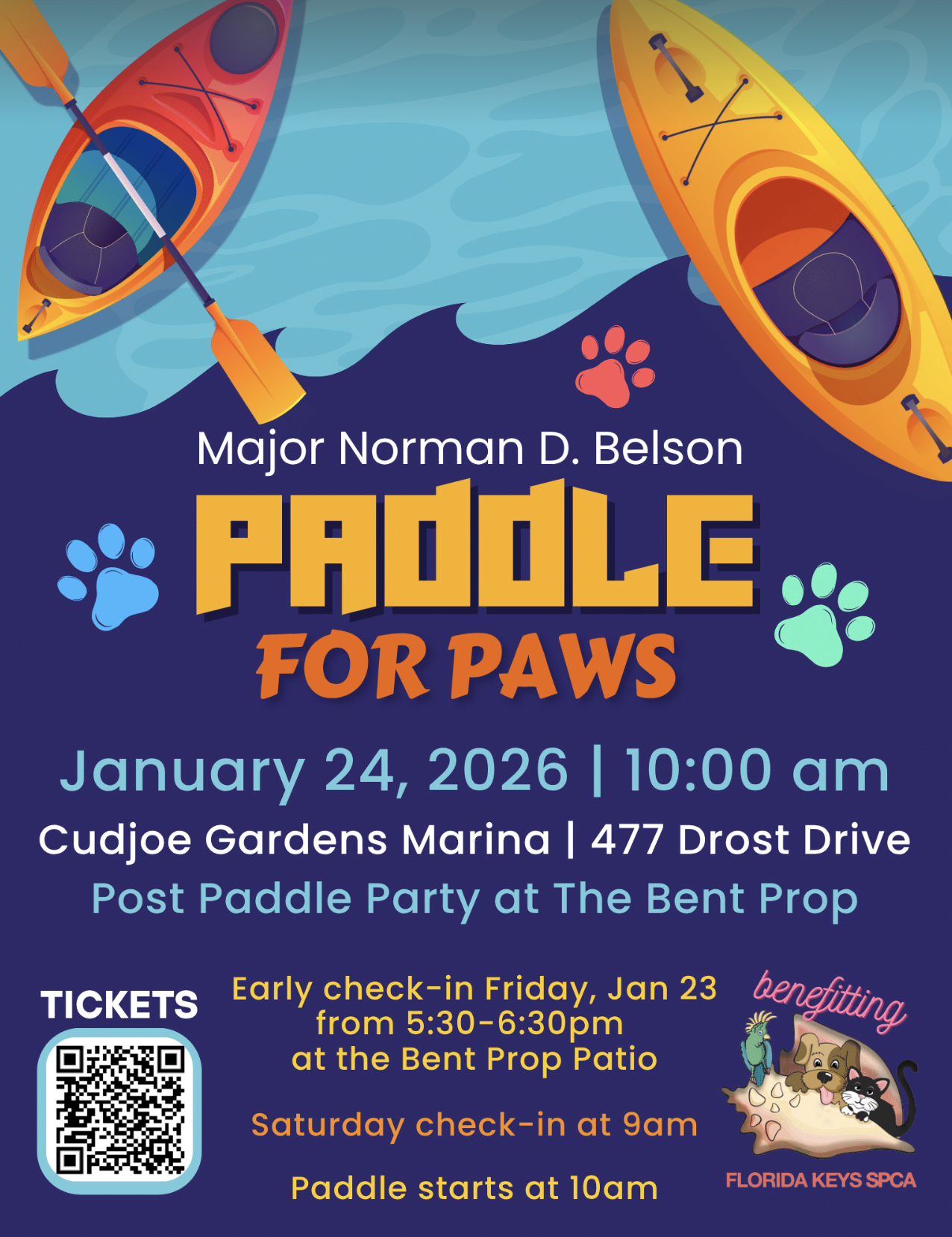 'Paddle for Paws' event featuring two kayaks on water, paw prints, and a dog biscuit with dogs and a seahorse illustration. Event details include date, time, location, and check-in information.