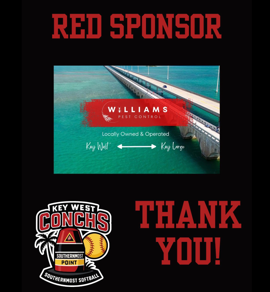 A thank you message from Key West Conchs with the logos of a softball and baseball, a palm tree, and a bottle of sunscreen or insect repellent, against a black background.