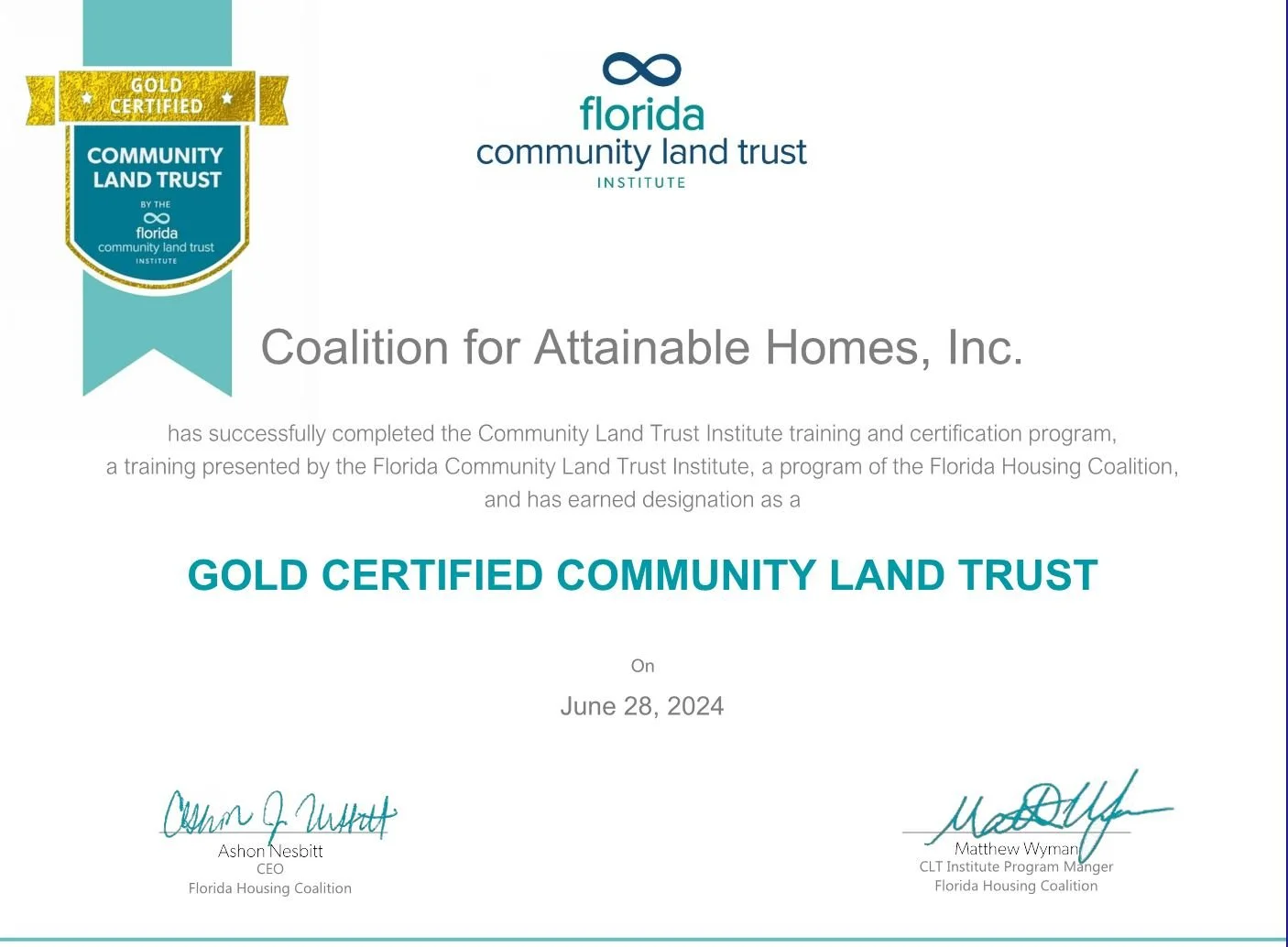 Coalition of Attainable Homes Achieves Landmark Status as a Gold-Certified Community Land Trust