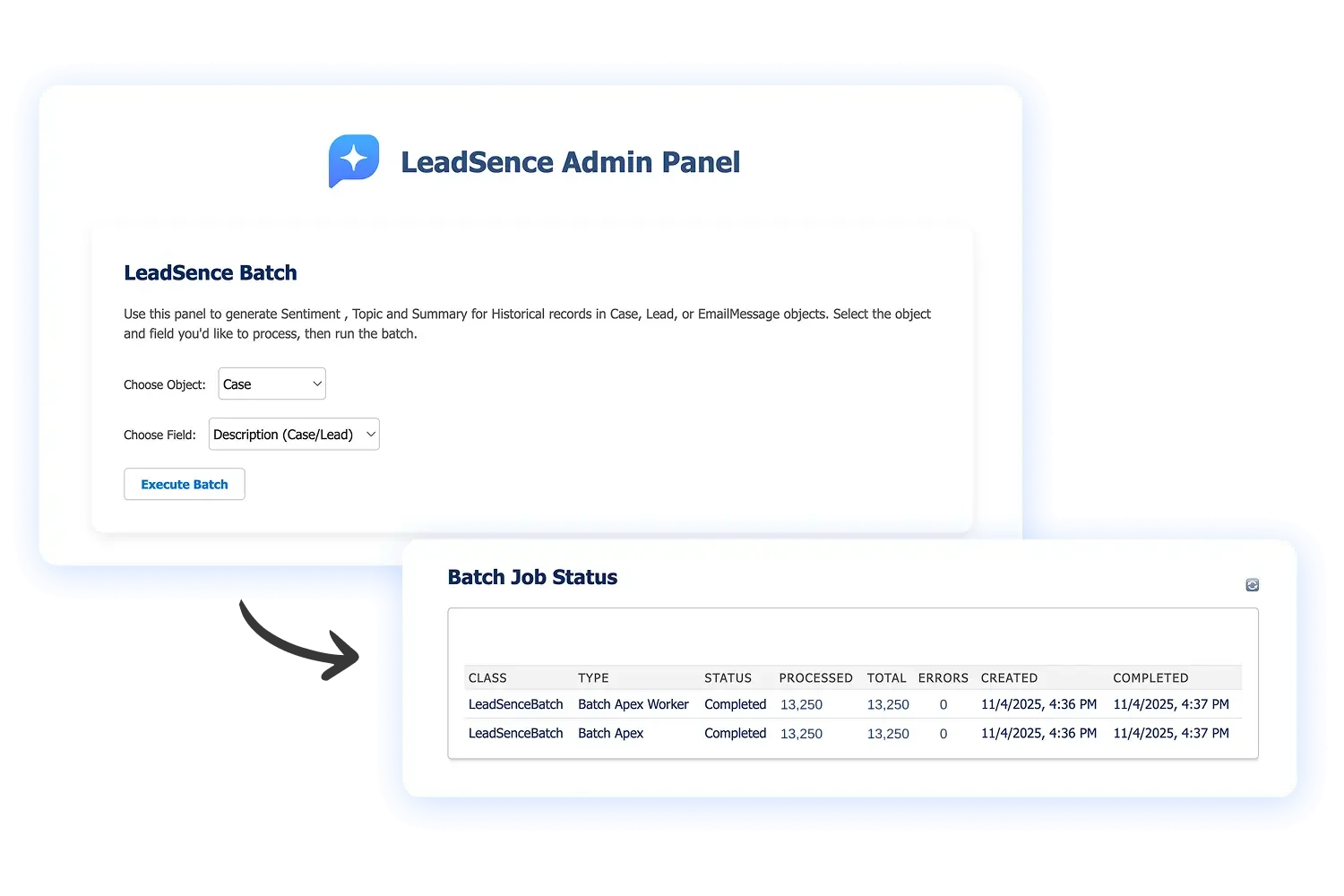 Screenshot of LeadSence Admin Panel showing LeadSence Batch generation section with object and field selection, and Batch Job Status table with two completed jobs.