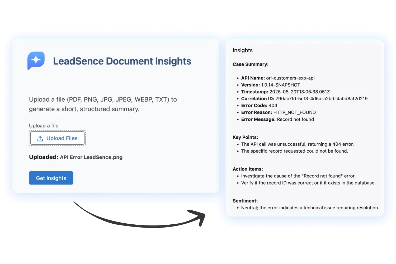 Screenshot of LeadSense Document Insights indicating an API error with a 404 not found message, showing upload button and insights on the right side.