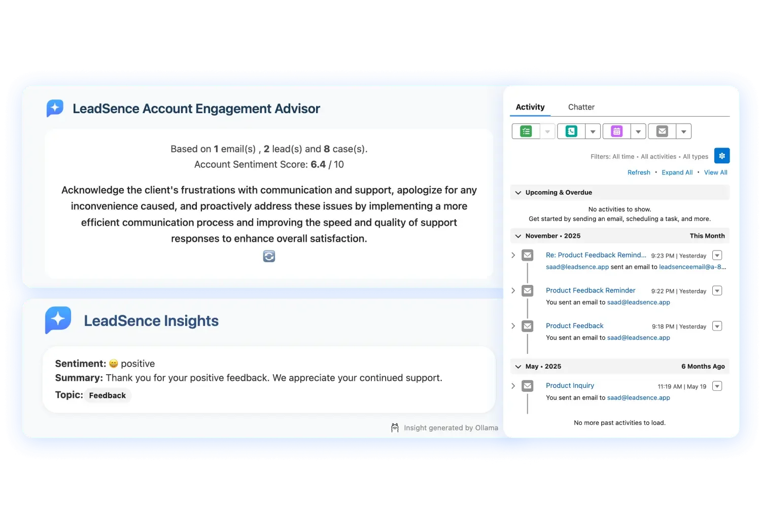 Screenshot of a LeadSence account dashboard showing engagement analytics, client communications, and insights, with recent email activity and sentiment analysis.