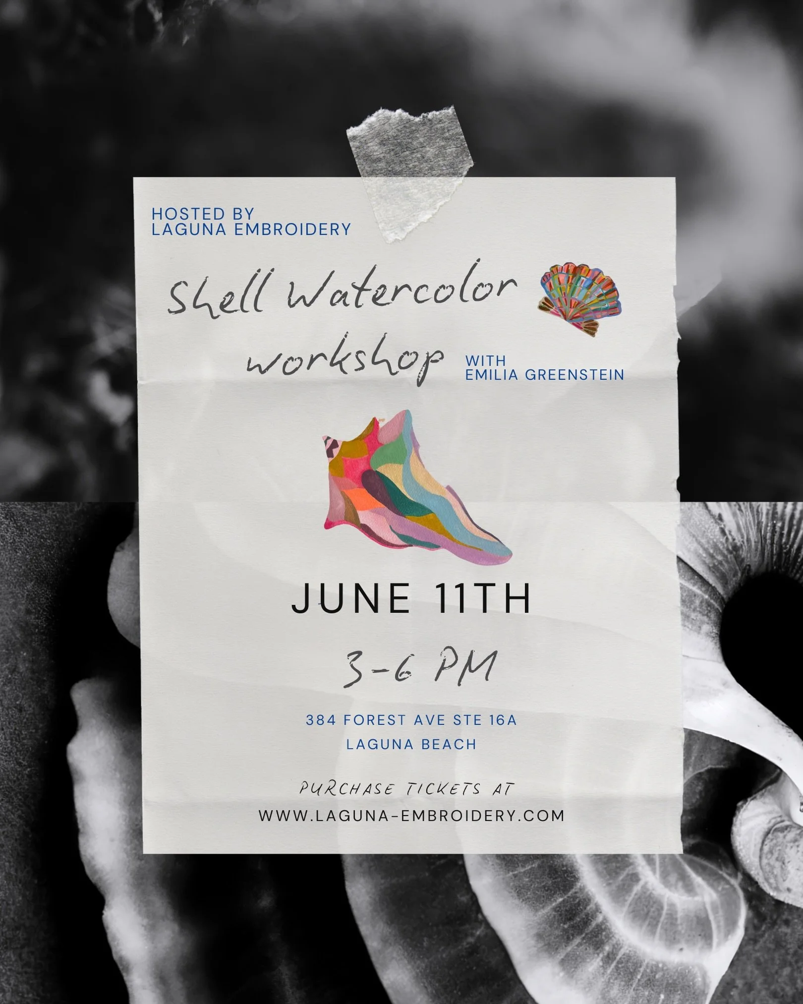 Our Summer Workshops are up at Laguna-Embroidery.com !!&nbsp; (Link is also in our bio.)

&bull; June 11th - learn to paint shells while using watercolors with @emiliamegan 
&bull; July 16th - ink draw on a personal chosen ceramic pieces with @isa