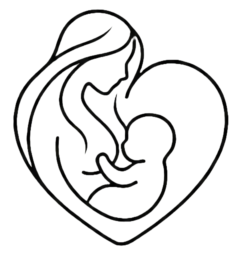 Line drawing of a mother nursing her baby inside a heart shape.