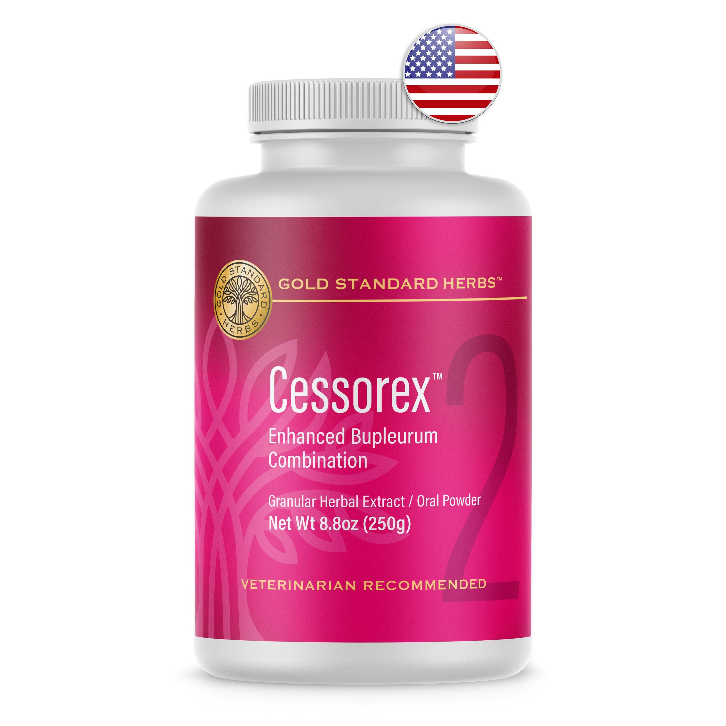 A bottle of Cessorex herbal supplement with a pink label, white cap, and an American flag sticker on the top right corner.