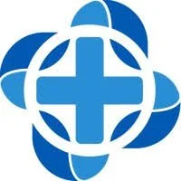 A blue and white medical cross symbol with curved lines surrounding it, representing healthcare or medical services.