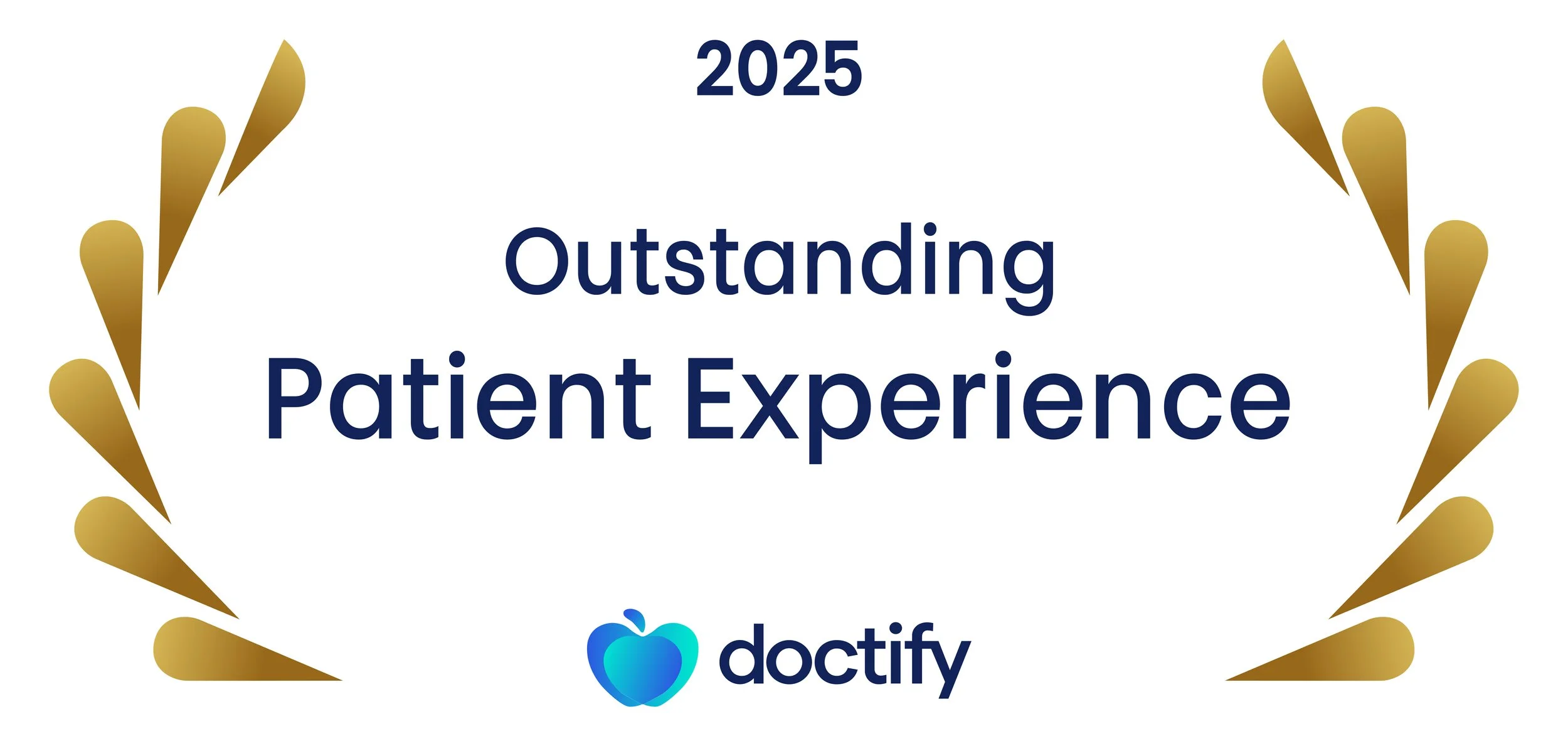 2025 Outstanding Patient Experience award certificate with gold laurel wreath, Doctify logo, and blue text