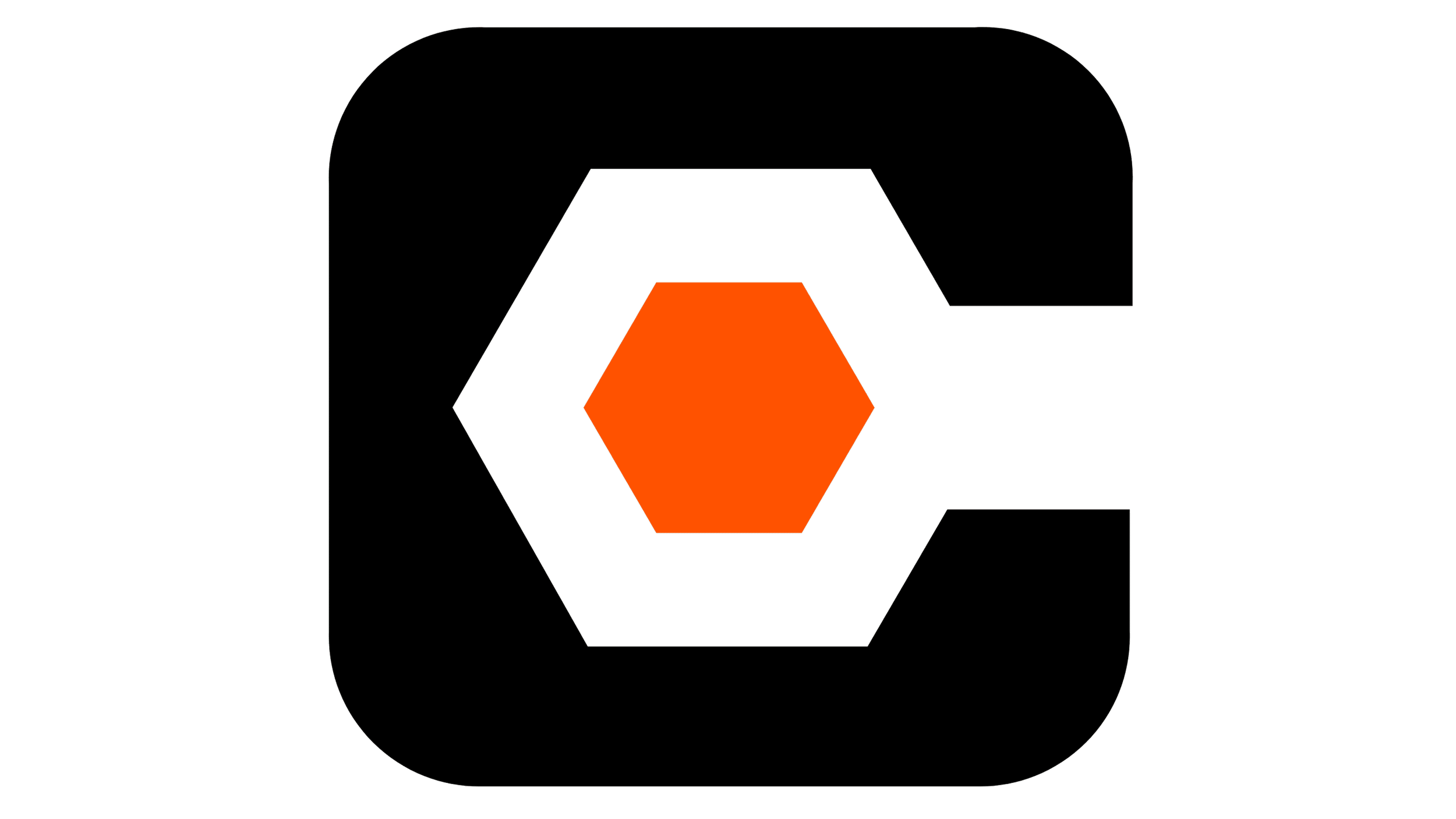 A black icon with an orange hexagon in the center, surrounded by two smaller hexagons connected by lines, resembling a network or molecule, on a black background.