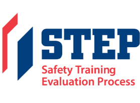 Logo with the words 1-STEP Safety Training Evaluation Process, featuring red and blue graphic elements