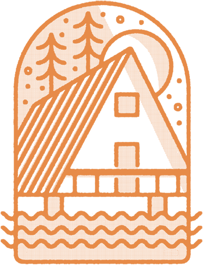 Stylized orange and black illustration of an a-frame cabin with geometric patterns in a circular design.