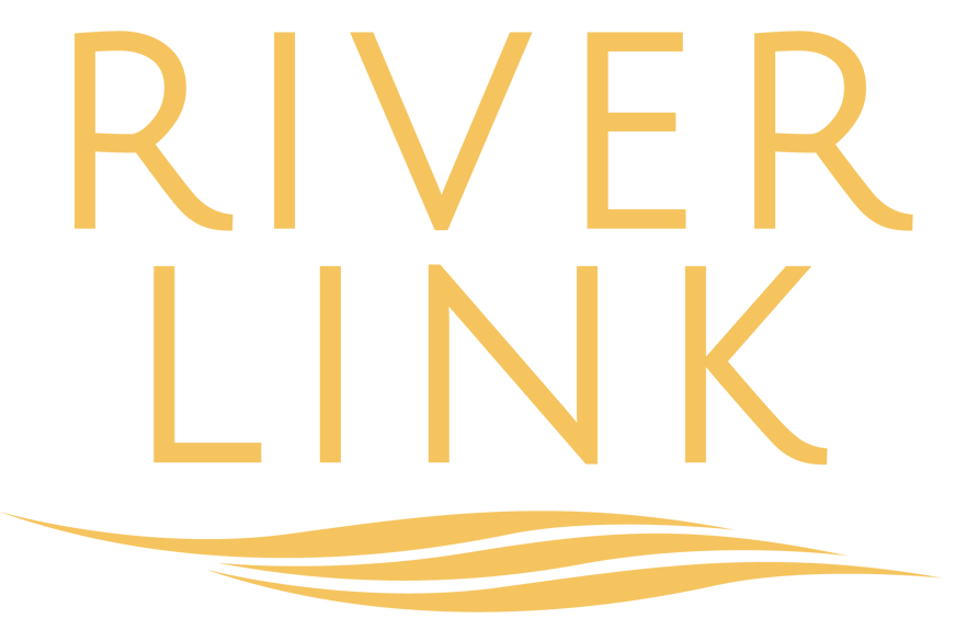 The words 'River Link' in large, gold-colored text with stylized, wavy lines underneath, on a black background.
