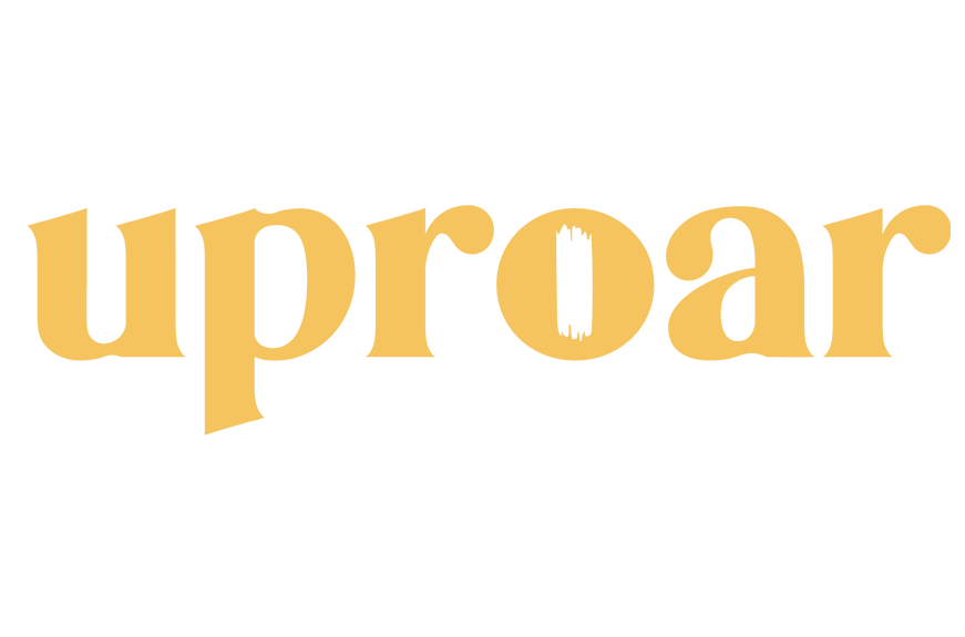 The word 'uproar' written in lowercase letters with a stylized design, featuring a black and beige color scheme.