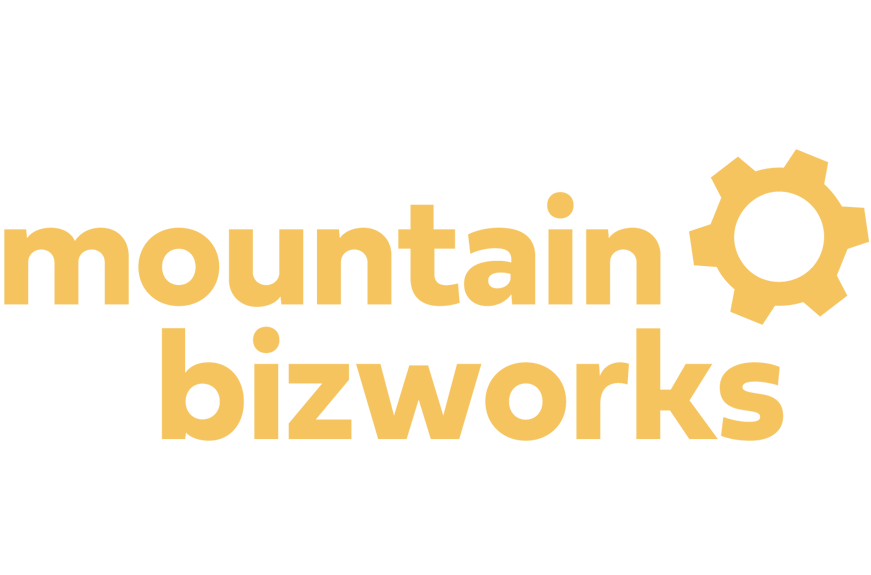 Logo for Mountain BizWorks featuring the text 'mountain bizworks' in lowercase, with a gear icon integrated into the design.