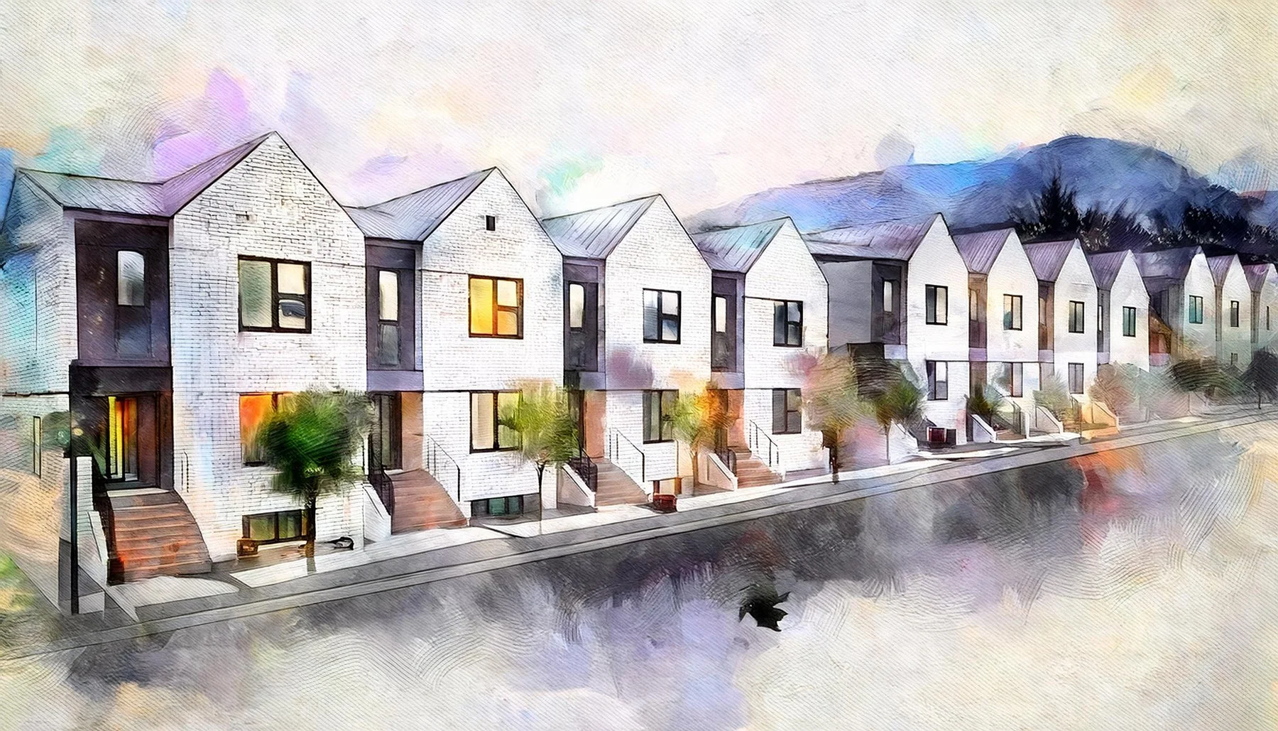 A watercolor-style painting of modern townhouses with white brick exteriors, small front yards, steps leading to entrances, and large windows, set against a mountain backdrop.