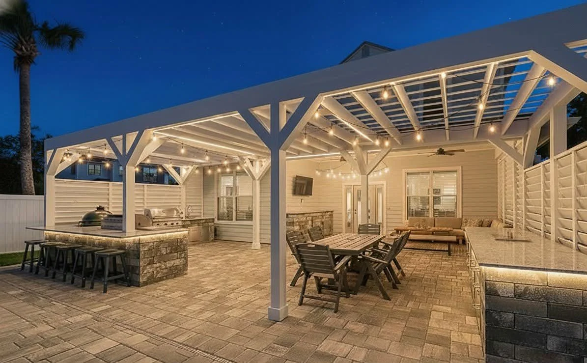 White Pergola Outdoor Kitchen Paver Pool Deck Jacksonville Paver Company 2.jpg