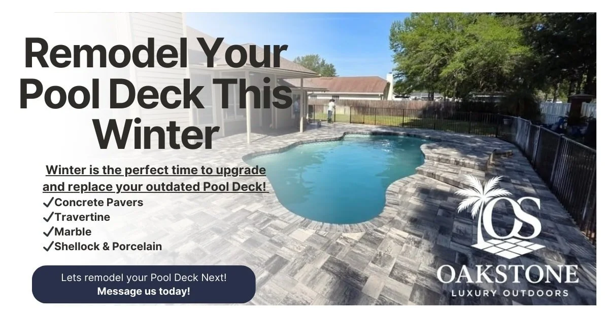 ❄️ Transform Your Pool Deck This Winter with Oakstone! 🛠️
​Looking ahead to next summer's poolside enjoyment? Winter is the perfect time to remodel your pool deck without disrupting your swimming season!
​At Oakstone, we specialize in transforming t