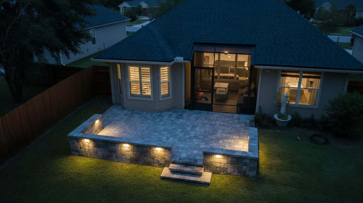 Backyard patio with lights, featuring a stone platform with steps, attached to a house with large windows and a sliding door at dusk.