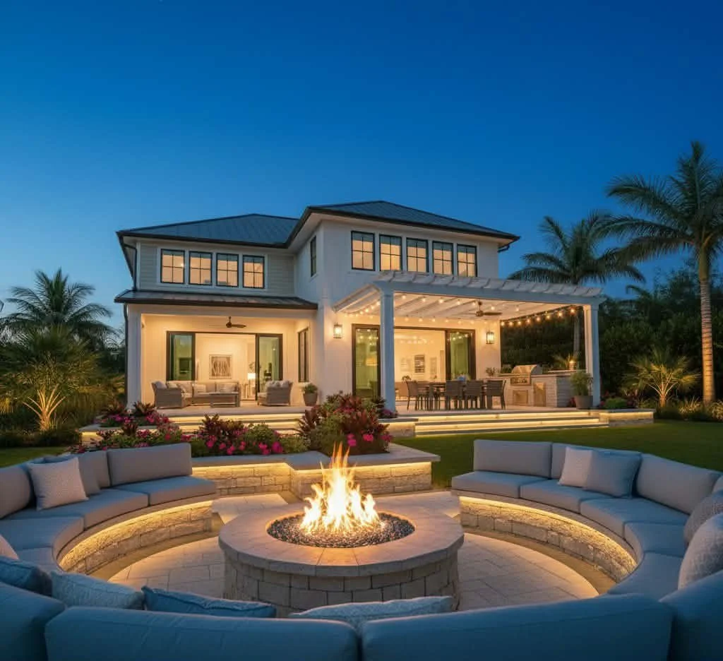 Modern two-story house with lit outdoor patio and fire pit, surrounded by palm trees and lush landscaping, during evening hours.