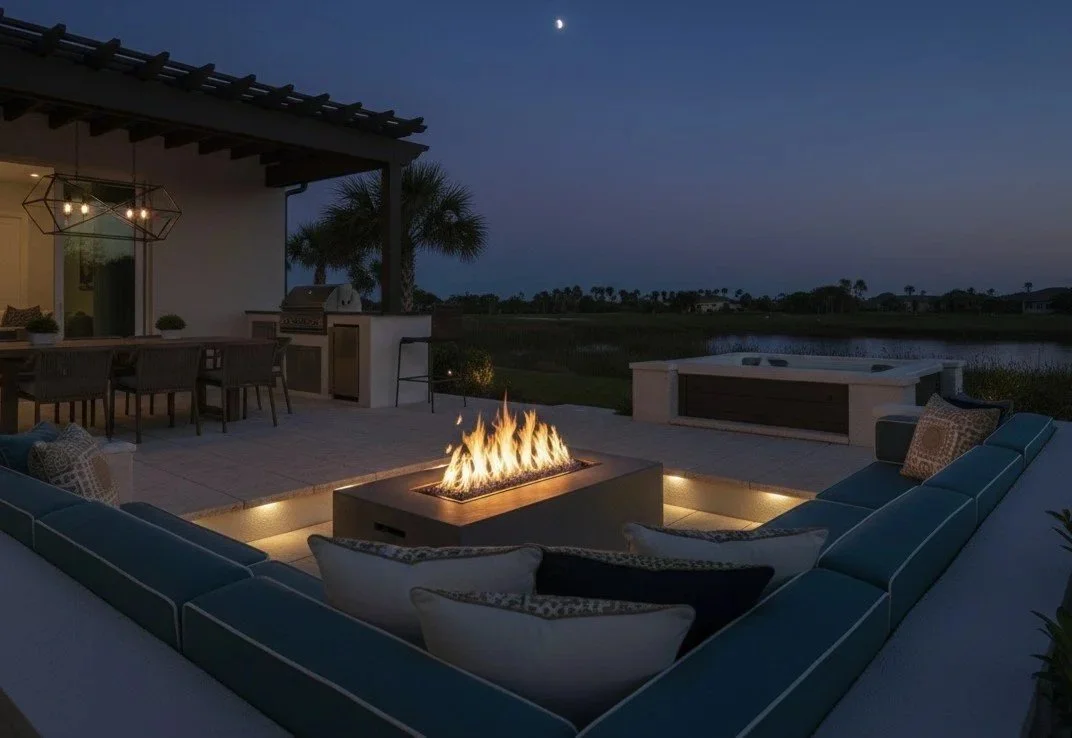 sunken firepit patio outdoor living space Jacksonville Paver Company Night Picture.jpg