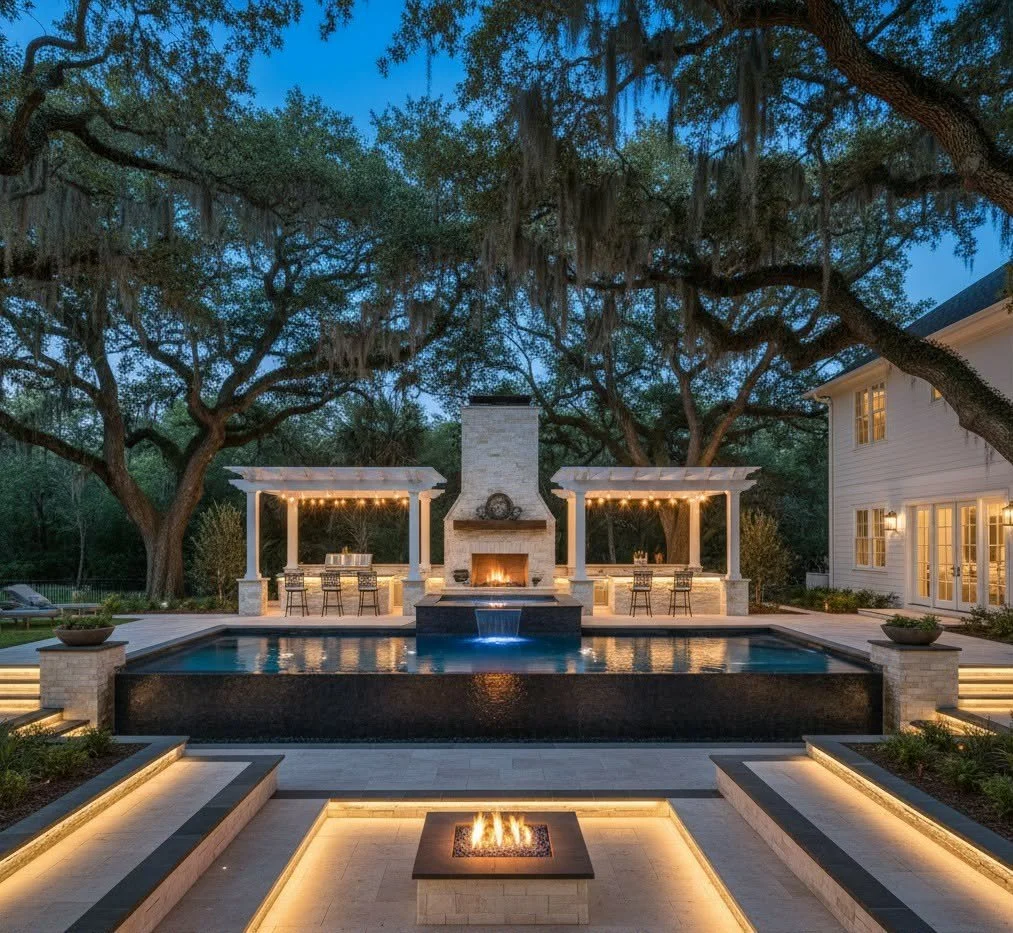 Elegant backyard with a pool, outdoor fireplace, and covered seating areas illuminated at dusk, surrounded by large trees.
