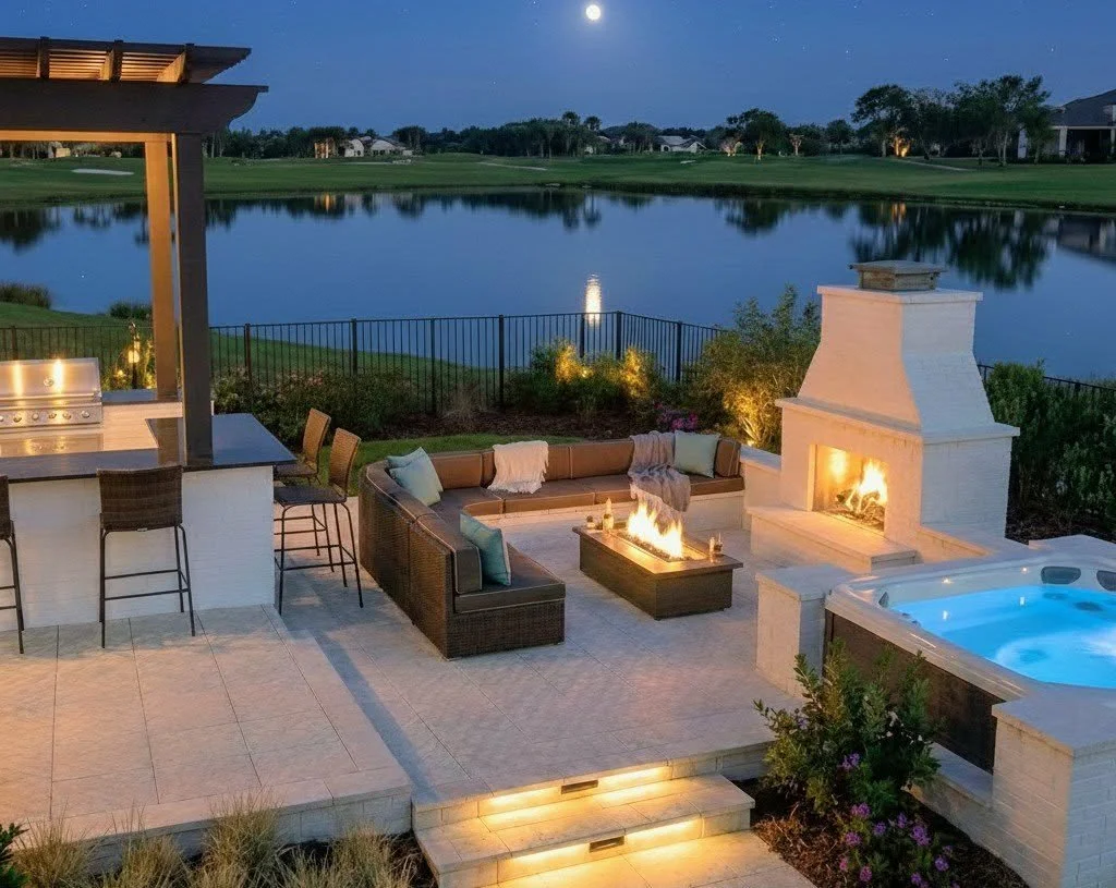 A nighttime outdoor patio with a water view, featuring a fire pit, a fireplace, a hot tub, and a bar area.