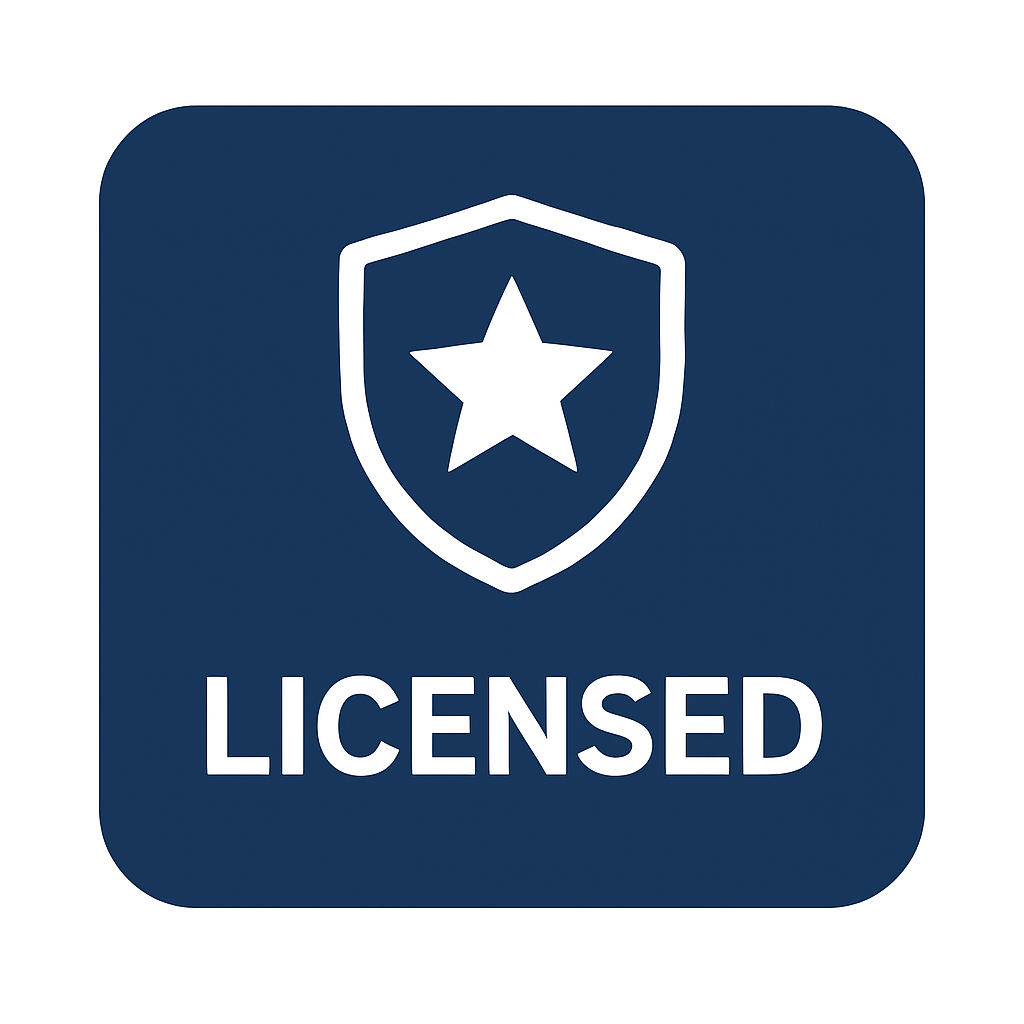A blue square badge with a white shield and star icon, and the word "LICENSED" underneath.