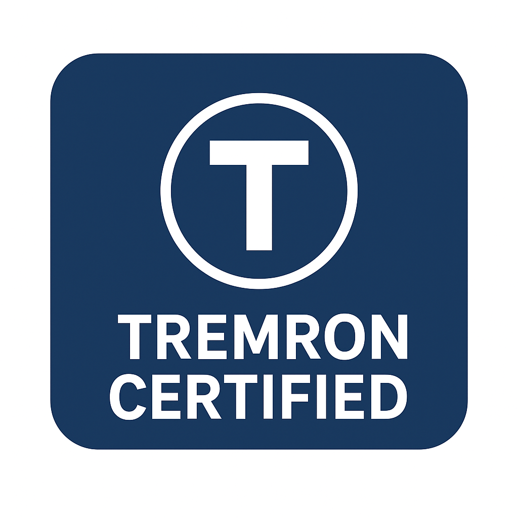 Tremron Certified certification logo with a blue background, a white circle with a T inside, and text below that reads "TREMron CERTIFIED."