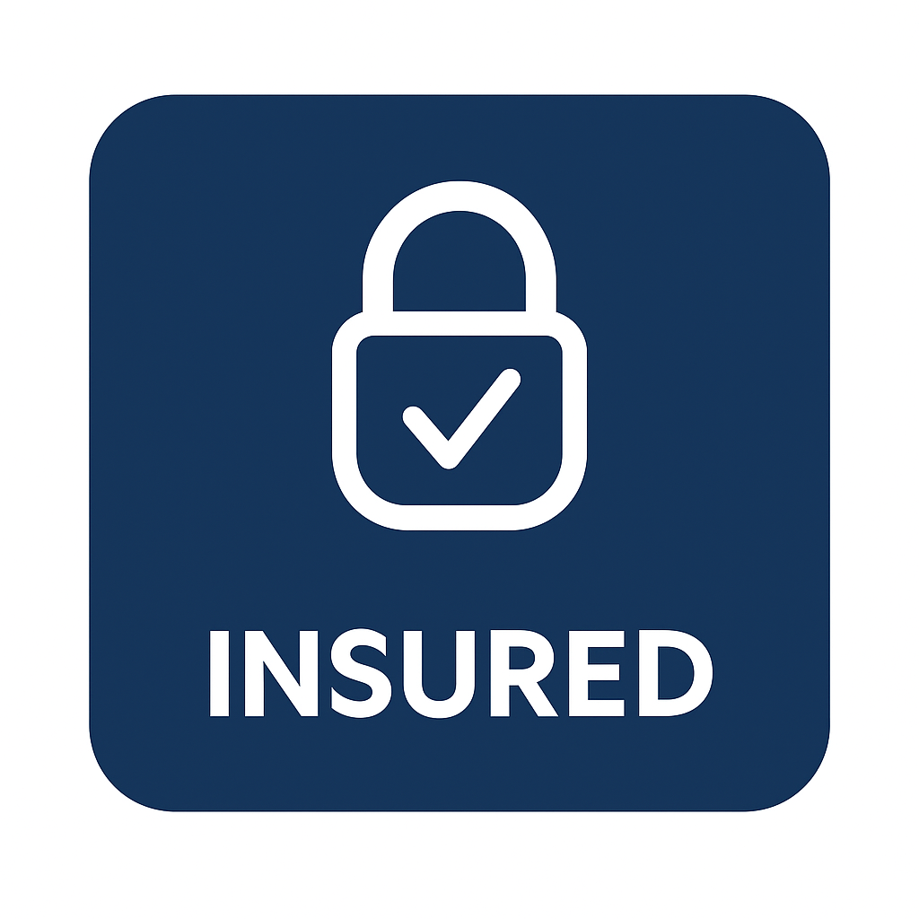 Blue square icon with a white padlock and checkmark, and the word 'Insured' below.