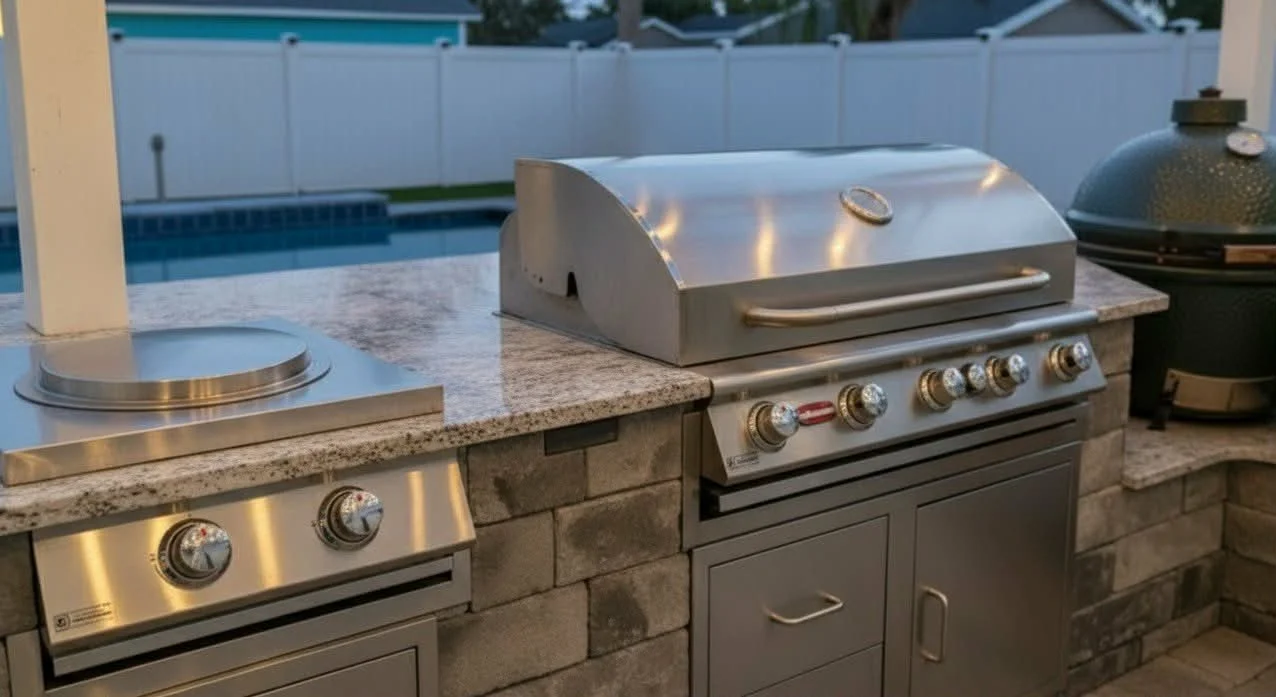 Outdoor kitchen setup with a stainless steel grill, a side burner, and a green smoker, all on a stone countertop with a pool and yard in the background
