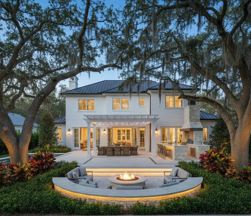 Jacksonville Florida Backyard of a modern house with outdoor paver patio, fire pit, and built-in outdoor kitchen, surrounded by trees and landscaping at dusk.