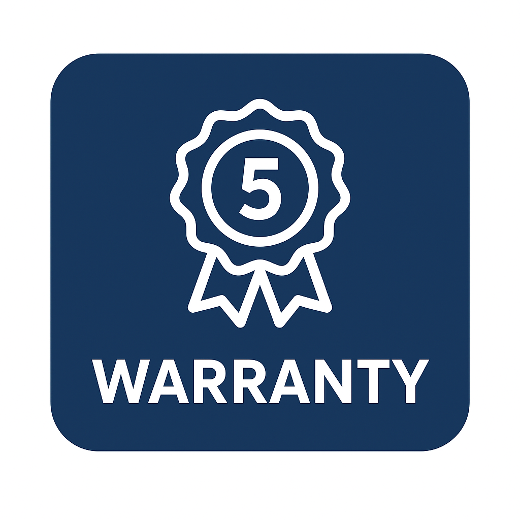 Blue square icon with a white ribbon badge displaying the number 5 and the word WARRANTY underneath.