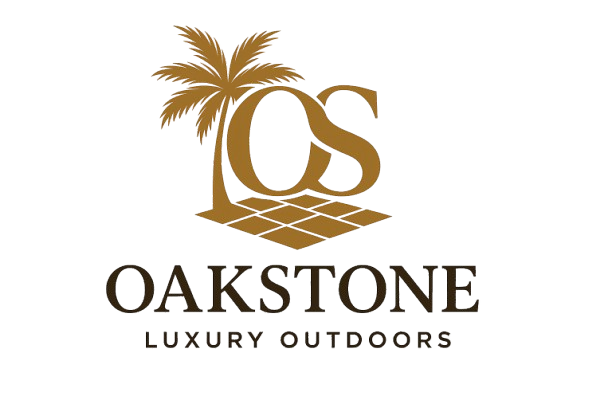 Logo for Oakstone Luxury Outdoors featuring a palm tree and a stylized letter 'O' with a rooftop design, and the name 'Oakstone Luxury Outdoors' below.