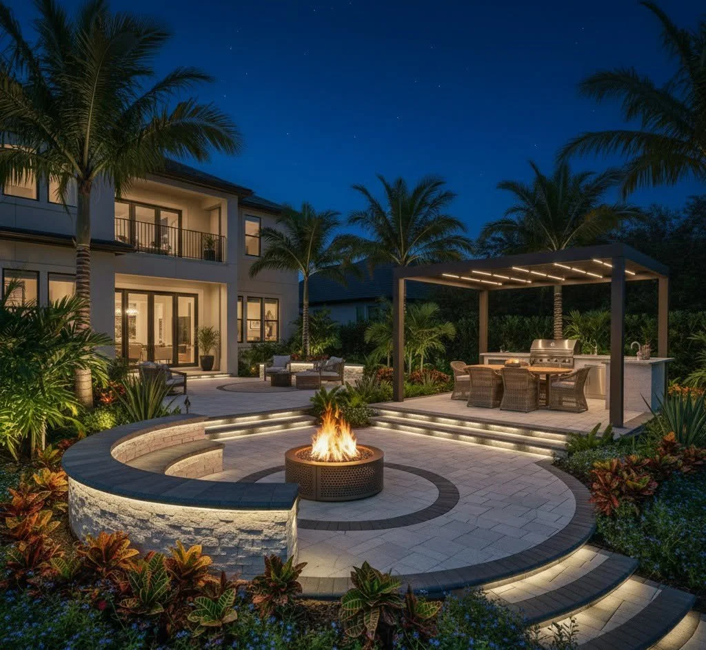 Nighttime backyard with palm trees, a fire pit, an outdoor kitchen area with a grill, dining table, and seating, surrounding a modern two-story house with large windows and balconies.