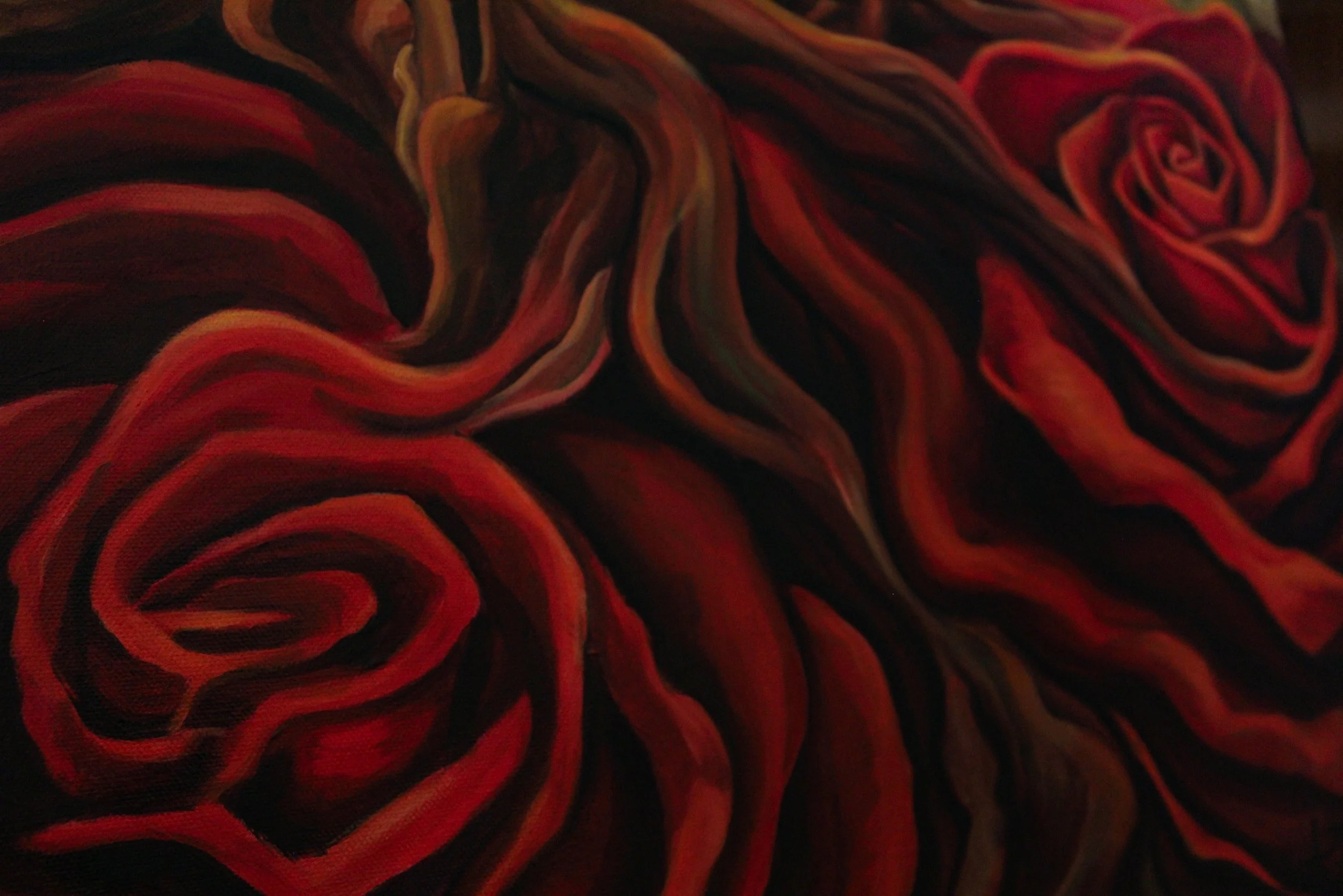 Close-up of a painting featuring swirling red and dark tones, depicting roses with intricate, abstract brushwork.