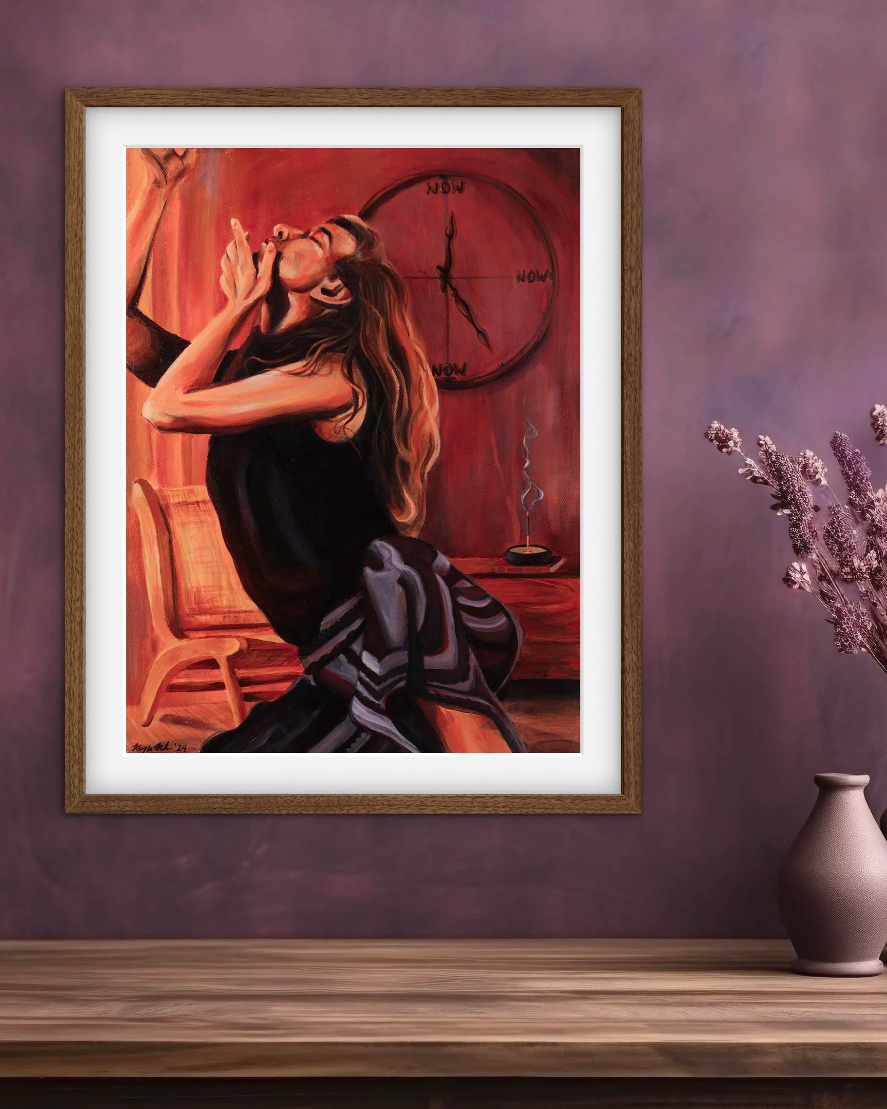 Painting of a woman kneeling, with a clock showing 12:00 and the word 'NOW' on a red wall behind her, on a purple wall with flowers in a vase and a table.