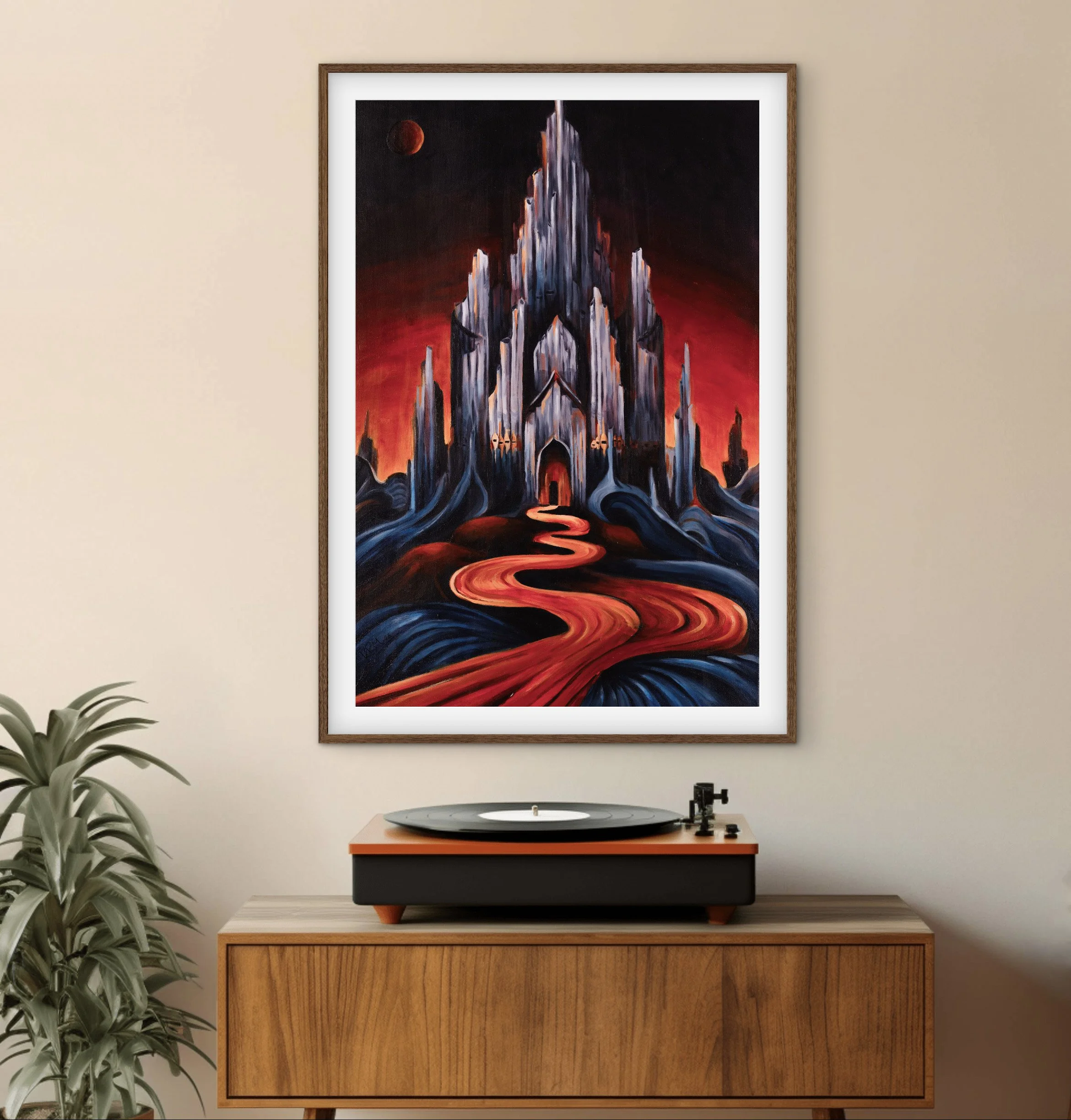 Painting of a dark fantasy castle with a glowing red sky and a winding red river in the foreground, mounted on a beige wall.