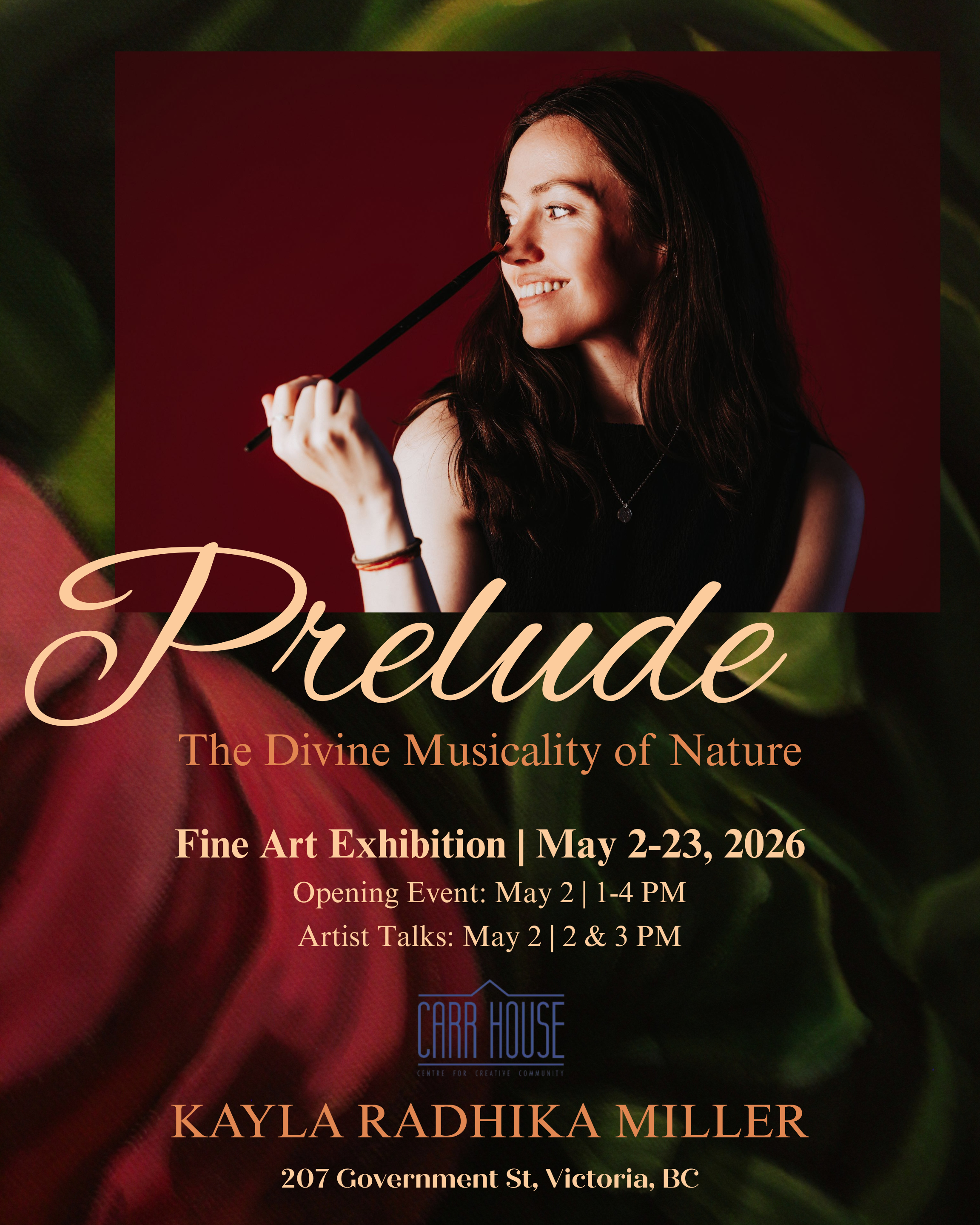 Poster for an art exhibition featuring Kayla Radhika Miller with a photo of her smiling and holding a stick on a red background, and informational text about the event.