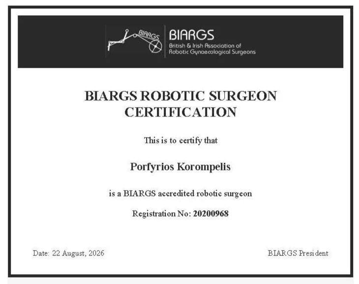 Certificate from BIARGS (British & Irish Association of Robotic Gynaecological Surgeons) certifying Poryfiros Korompelis as an accredited robotic surgeon, dated August 22, 2026.
