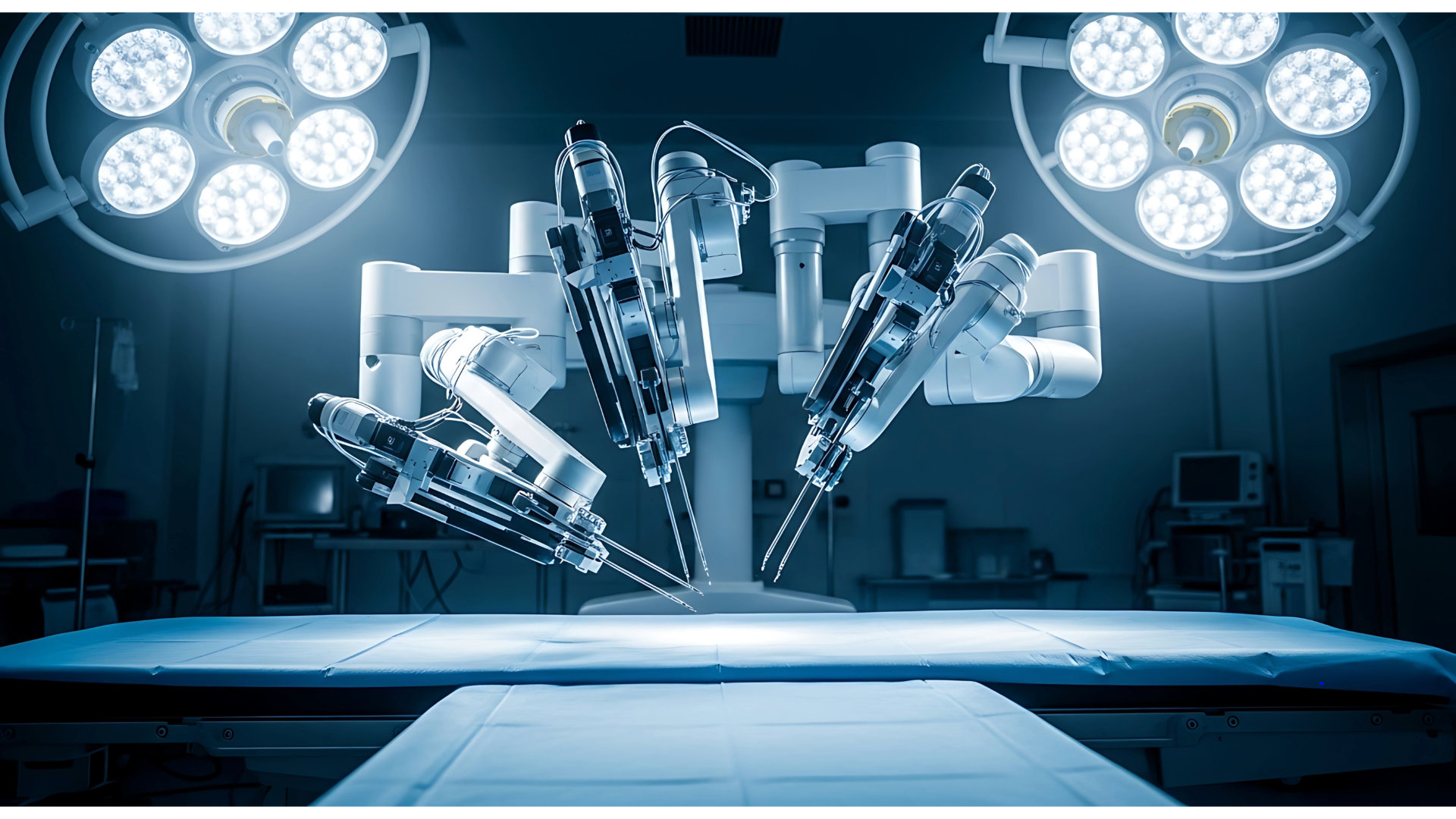 A robotic surgical arm hovering above an operating table in an operating room with overhead surgical lights.