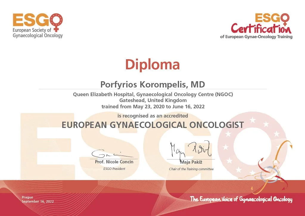 Diploma certificate awarded to Porynios Korompelis, MD, recognized as an European Gynaecological Oncologist, issued by the European Society of Gynaecological Oncology, dated September 16, 2022.