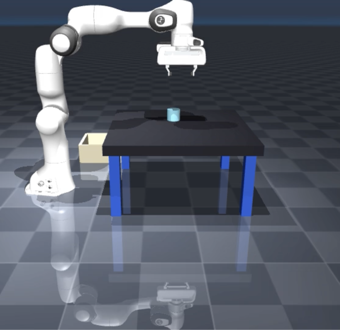 Rendered image of a robotic arm over a table. There is a small item on the table that the robot arm is aligned above. Source: Kintic.